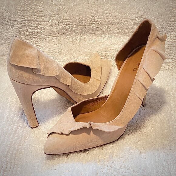 Beige Suede Ruffled Pump Heel - Picture 2 of 10